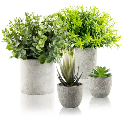 Produktbild von 4er Set Künstliche Pflanzen, Kunstpflanze Klein, Kunstpflanzen wie echt mit Topf, Plastikpflanzen, Zimmer Badezimmer Schreibtisch Küchen Deko