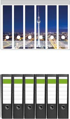 Produktbild von Wallario 6 Stück breite Ordner inkl. Klebeetiketten mit Motive Fernsehturm Berlin bei Nacht -  Set mit Rückenschildern / Ordnerrücken Stickern