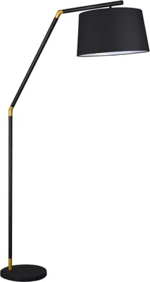 A black arc floor lamp with gold accents and a black fabric lampshade, isolated on a white background.