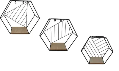 Produktbild von Wandregal HEXAGON schwarz - 3er Set -  Hängeregal im Sechseck Design - Deko Regal zum Aufhängen oder Hinstellen