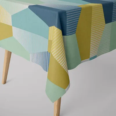 Produktbild von SCHÖNER LEBEN. Tischdecke geometrisch Retro Sechseck blau grün weiß Größe 130x130cm