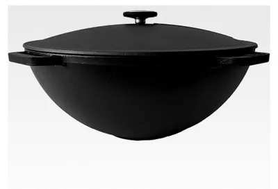 Produktbild von Gusseisen Kasan mit Deckel | Traditioneller Gusstopf | Kasan mit flachem Boden | Grillwok schwarz 12 L