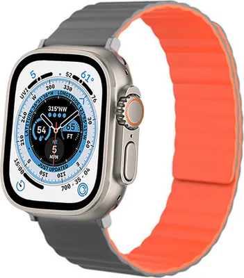 Produktbild von Strap-It Apple Watch Ultra Magnetisches Silikonarmband (Grau/Orange)