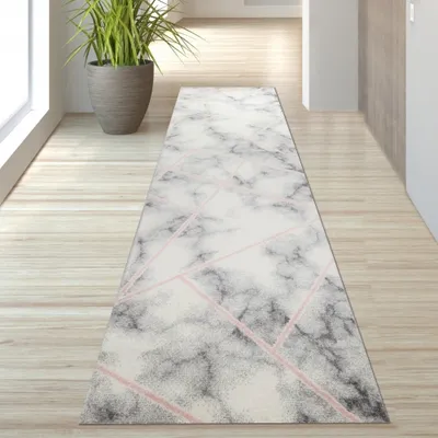 Immagine prodotto di Tappeto di design con motivo marmorizzato rosa, grigio e crema - Dimensioni: 80 x 300 cm