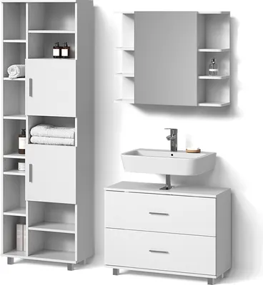 Image de Ensemble de meubles de salle de bains Livinity Eisak Blanc 3 pièces, avec armoire haute, Model 53051