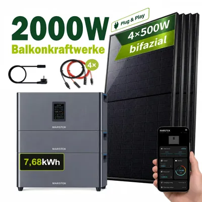 Produktbild von Balkonkraftwerk 2000Wp mit 7,68kWh Speicher, 4x500W bifaziale Glas-Glas Solarmodule, MARSTEK Jupiter C Plus mit Erweiterungsakku