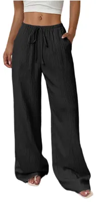 Produktbild von ASKSA Damen Weite Bein Hose Leichte Sommerhose Einfarbig Elegante Musselin Freizeithose Strandhose mit Taschen (Schwarz,S)