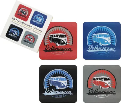Imagen del producto de Colección VW Volkswagen T1 Bus Transporter. Posavasos, juego de 4 unidades. Logo vintage. 4 colores
