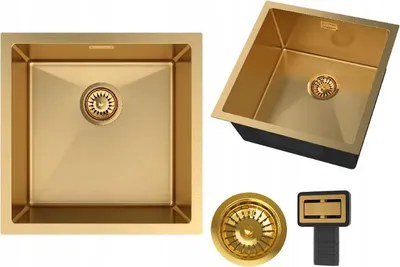 Produktbild von Granitan - Edelstahlspüle - Spülbecken 44x44 cm - Küchenspüle Schwarz - mit Siphon Gold - BARI