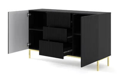 A black sideboard with gold legs, shown with one door and three drawers open.