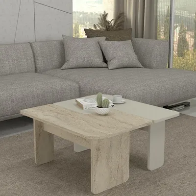 Produktbild von Couchtisch 'Boneksbelt' aus 2 Tischhälften Sandstein- und Travertinfarben