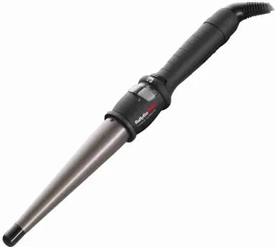 A black and gray conical curling iron is shown against a white background.
