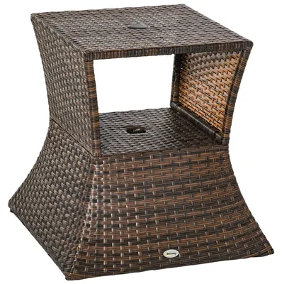 Produktbild von Gartentisch mit integriertem Sonnenschirmständer – Polyrattan Beistelltisch 54x54x55 cm, Braun, wetterfest & stabil für Terrasse