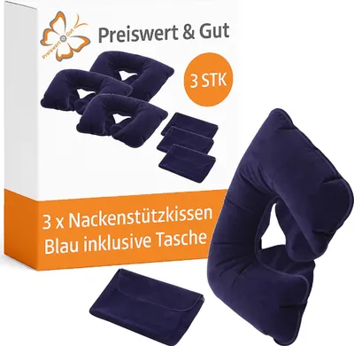 Produktbild von Nackenkissen 3er Set Blau – Nackenhörnchen für Flugzeug Auto Reisen – weiche Nackenstützkissen mit Tasche – ideal für Urlaub & lange Fahrten