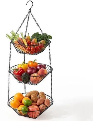 Produktbild von 3 Etagen Obstkorb, hängend, schwarz, Metall, Hängekorb, Küche, mit Haken, 74 x 28 cm