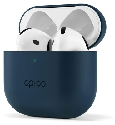 A pair of white earbuds in a dark blue charging case.