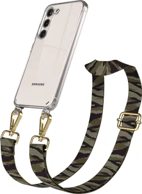 Produktbild von EAZY CASE Handykette - Verstellbarer Trageriemen kompatibel mit Samsung Galaxy S23, Handykordel mit transparenter Silikon-Hülle, Karabiner Gold, Camouflage Style, Band in Grün