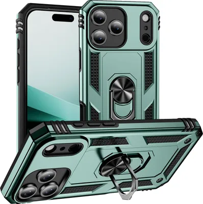 Produktbild von Schutzhülle für iPhone 17 Pro Dual Layer Robust Militäre Fallschutz Hülle mit Ringhalterung Ständer Grün