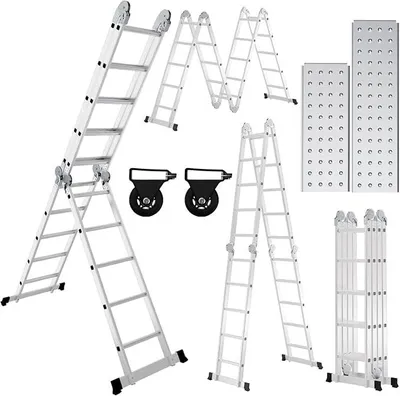 Produktbild von 4x5 Stufen Aluminium Mehrzweckleiter bis 150 kg, 5.8M Multifunktionsleiter mit plattform, Leiter mit 2 Gerüstplatten, Trittleiter, Mehrzweckleiter, Klappleiter 20 Stufen, Silber