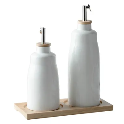 Produktbild von Olivenöl und Essig Spender Set 420ml&280ml Keramik Öl und Essig Flaschen mit Bambus Tablett,2PCS Ölbehälter mit Trichter & Etiketten