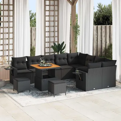 Image de vidaXL Ensemble de canapé de jardin avec coussins 12 pcs noir poly rotin