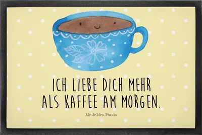 Produktbild von Mr. & Mrs. Panda Bodenvorleger Kaffee Tasse 50 x 75 cm - Gelb Pastell - Geschenk, Genuss, fußmatte, Fußabtreter, Lustige Sprüche, Schmutzmatte, Liebe, Glücklich
