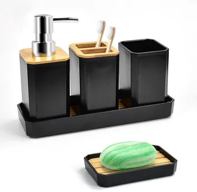 Produktbild von Bambus-Badezimmer-Set 5-teilig schwarz mit Zahnbürstenhalter und Seifenspender