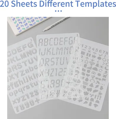 Produktbild von 20 Stück B5 Alphabet Buchstaben Zahlen Schablonen Zeichnen Malen PET Vorlagen wiederverwendbar für Tagebuch DIY Kunst Handwerk Scrapbooking Planer Dek
