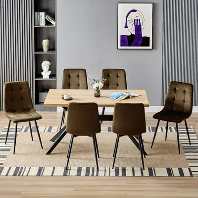 Obrázok produktu pre Jedálenský stôl s 6 stoličkami, obdĺžnikový drevený stôl 140x80 cm, 6 zamatových stoličiek v hnedej farbe, čierne kovové nohy