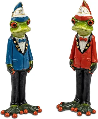 Two frog figurines dressed in carnival costumes.