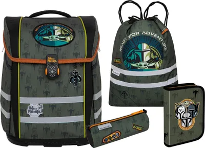 A collection of Star Wars-themed school supplies including a backpack, a drawstring bag, and two pencil cases.