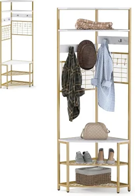 Imagen del producto de Perchero de esquina con banco, 3 en 1: incluye 12 ganchos, 2 estantes para zapatos y 3 estantes. Perchero de metal, ideal para pasillos, salones o dormitorios (blanco)