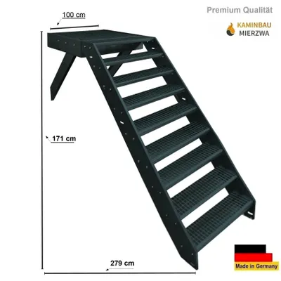 Produktbild von Podesttreppe Stahltreppe 9 Stufen Höhe 171 cm mit Podest 100x100cm ohne Geländer Anthrazit / Ausrichtung Treppe Vorne (Front) Aussentreppe