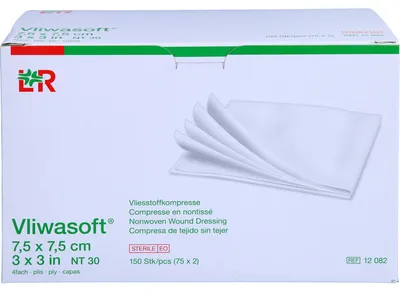 Produktbild von Vliwasoft Vliesstoffkompresse steril 7,5x7,5cm, 150 St KOM