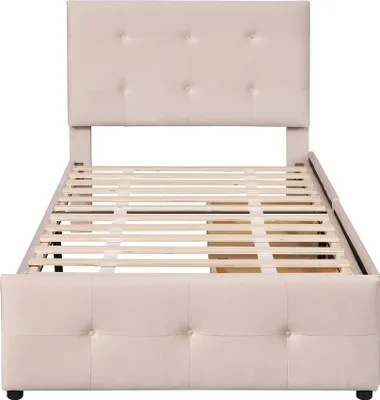 Produktbild von Merax Polsterbett 90x200cm mit höhenverstellbarem Kopfteil, Holzbett Einzelbett mit zwei Schubladen und Lattenrost, Samt Jugendbett Kinderbett, Dunkelbeige