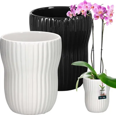 Zdjęcie produktu dla KOTARBAU® 2 szt. doniczka biała / czarna wewnątrz okrągła ⌀ 11,5 cm H: 16,5 cm rowkowana szkliwiona ceramiczna doniczka wewnątrz doniczka ceramiczna doniczka wewnątrz doniczka do orchidei ceramiczna doniczka duża doniczka