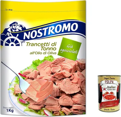 Produktbild von 3x Nostromo Trancetti di Tonno all'olio di oliva,Thunfischsteaks in Olivenöl,1Kg Beutel + Italian Gourmet polpa 400g