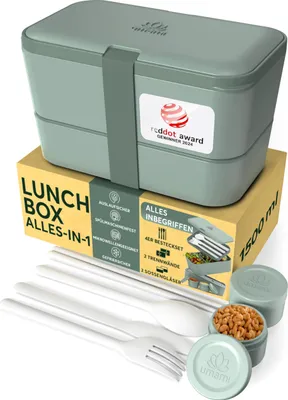 Produktbild von Umami Brotdose Bento-Lunchbox, verschachtelbar, mit Fächern, Besteck und 2 Saucentöpfen