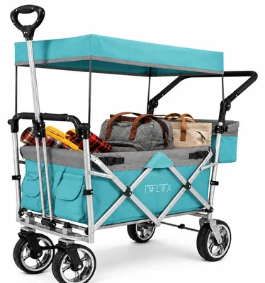 Produktbild von IMLEX Bollerwagen faltbar mit Dach IM-4268 Türkis | Hohe Stabilität, 1X 3-Punkt Gurtsystem | Handwagen klappbar mit Schiebegriff ideal für 2 Kinder, KI-generiertes Bild