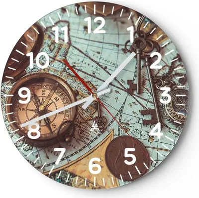 Produktbild von Wanduhr - Rund - Glasuhr - Kompass Vintage Karte - 30x30cm - Schleichendes Uhrwerk - Lautlos - zum Aufhängen bereit - Dekoration Modern - Wanddekoration aus Glas - C4AR30x30-4302