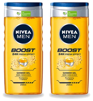 Imagen del producto de 2 unidades de gel de ducha NIVEA MEN Boost, 250 ml cada uno. Paquete económico