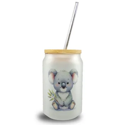 Produktbild von sitzender Koala Trinkglas mit Bambusdeckel
