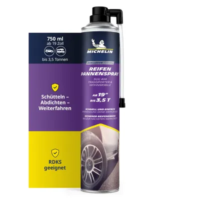 Obrázok produktu pre MICHELIN sprej na opravu defektov pneumatík, 750 ml, pre veľké pneumatiky od 19 palcov a s nosnosťou do 3,5 tony | Opravný prostriedok do pneumatík pre SUV, vozidlá 4x4, dodávky a obytné prívesy, kompatibilný so systémom monitorovania tlaku v pneumatikách (TPMS)