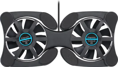 A black laptop cooling pad with two fans.