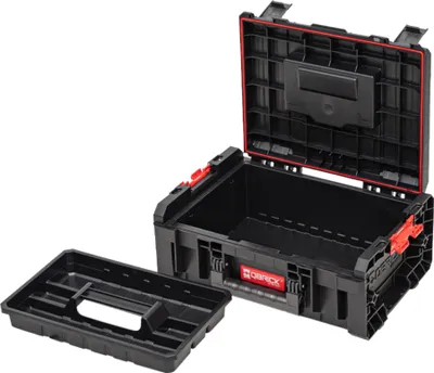 A black tool box with its lid open, and a tray next to it.