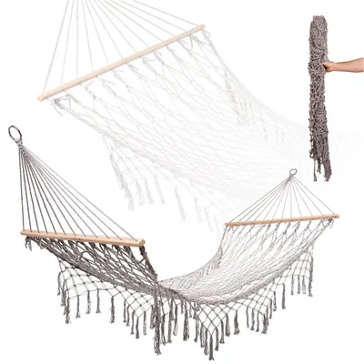 Zdjęcie produktu dla Hamak ogrodowy boho siatka frędzle leżak wiszący makrama 200cm Szary