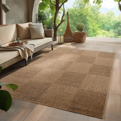 Produktbild von Homebyhome In- & Outdoor Teppich Wetterfest im natürlichen Jute-Look, ideal für Wohnzimmer, Küche, Terrasse & Balkon, Grösse: 120x170 cm