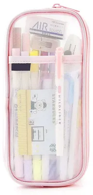 Produktbild von Transparente Netztasche, großes Fassungsvermögen, mit Reißverschluss, multifunktionale Schreibtasche, Federmäppchen für Schule und Büro, rosa