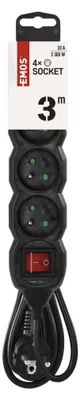 Prodlužovací kabel 3 m / 4 zásuvky / s vypínačem / černý / PVC / 1 mm2