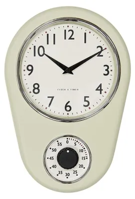 A cream-colored wall clock with a built-in timer.